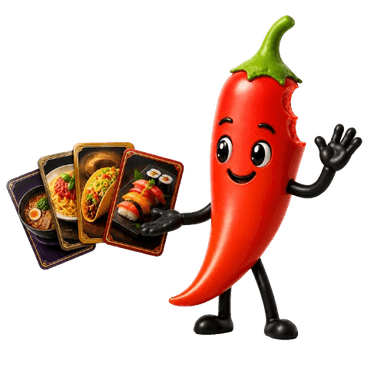 La mascotte Tasted, un piment croqué, tenant des cartes de plats