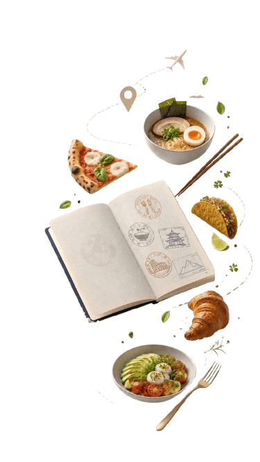 Le passeport culinaire Tasted ouvert, entouré de plats du monde