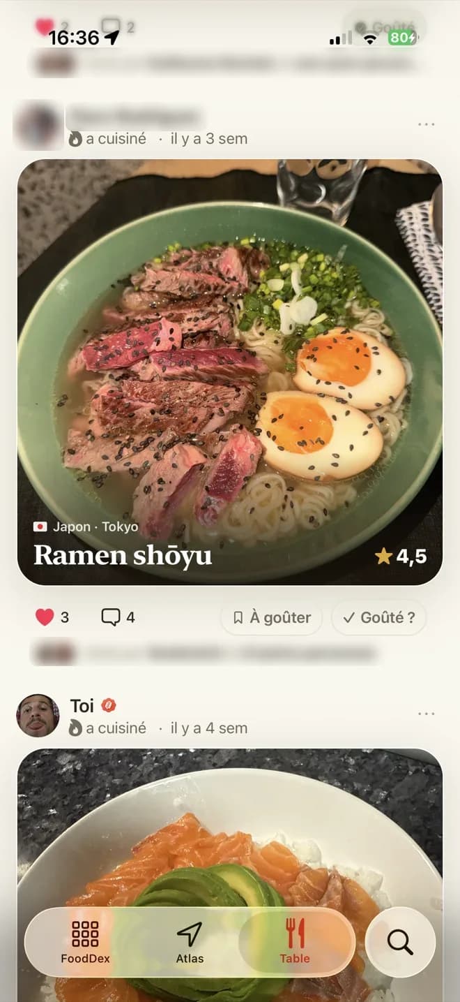 La Table : un ami a cuisiné un ramen shōyu, noté 4,5, avec les boutons À goûter et Goûté ?